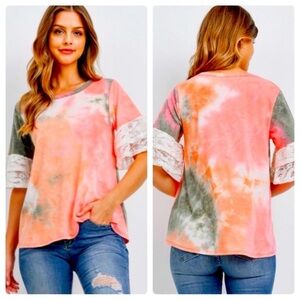 🩷💚New Tie Dye Short Sleeve Top With Layered Ruffle Lace 1/2 Sleeve🩷💚